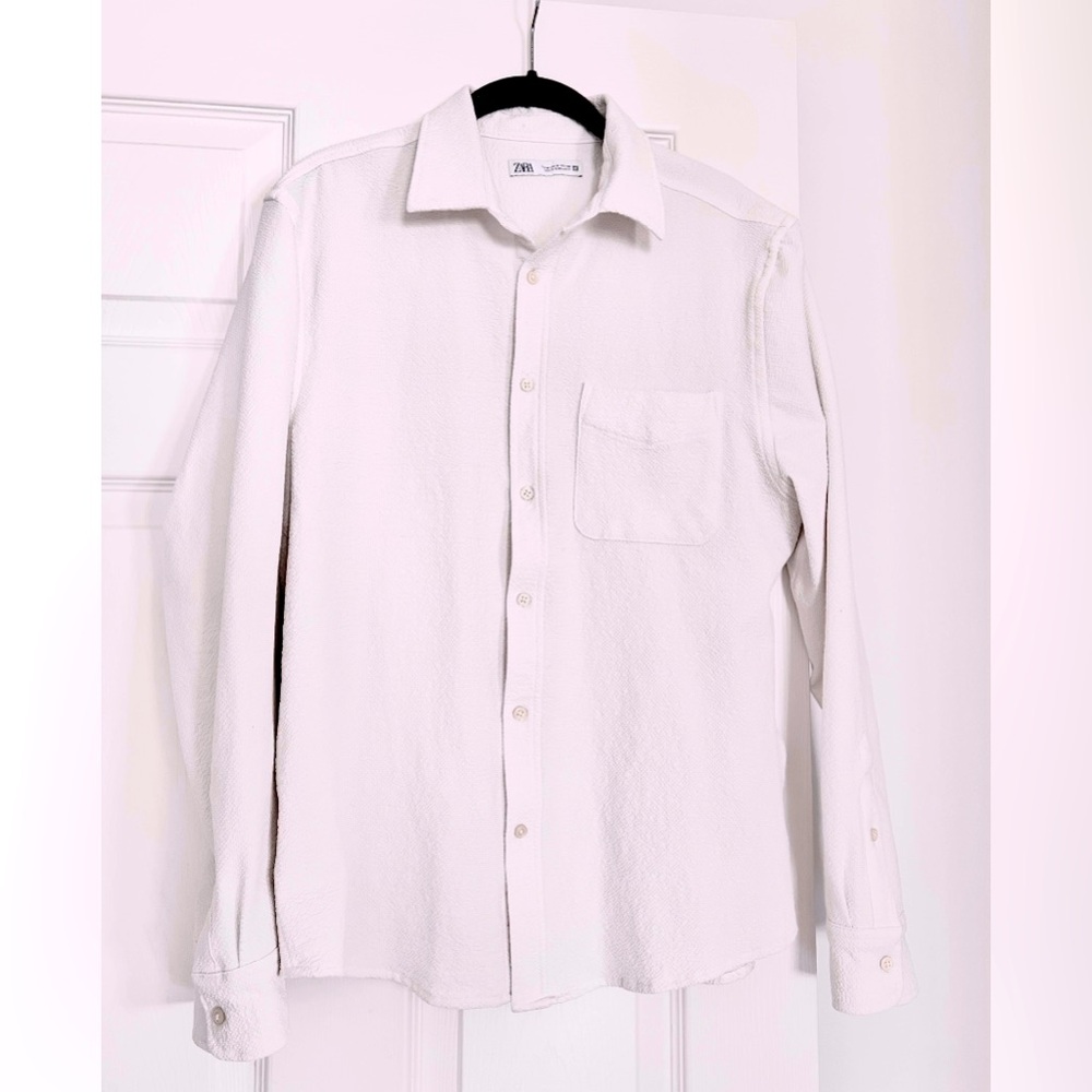 Zara White textured Dress Shirts Buttondown Long Sleeve Men's M